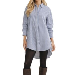 Zara Navy & White Striped Shirt High Low Button Down Coastal Business Casual